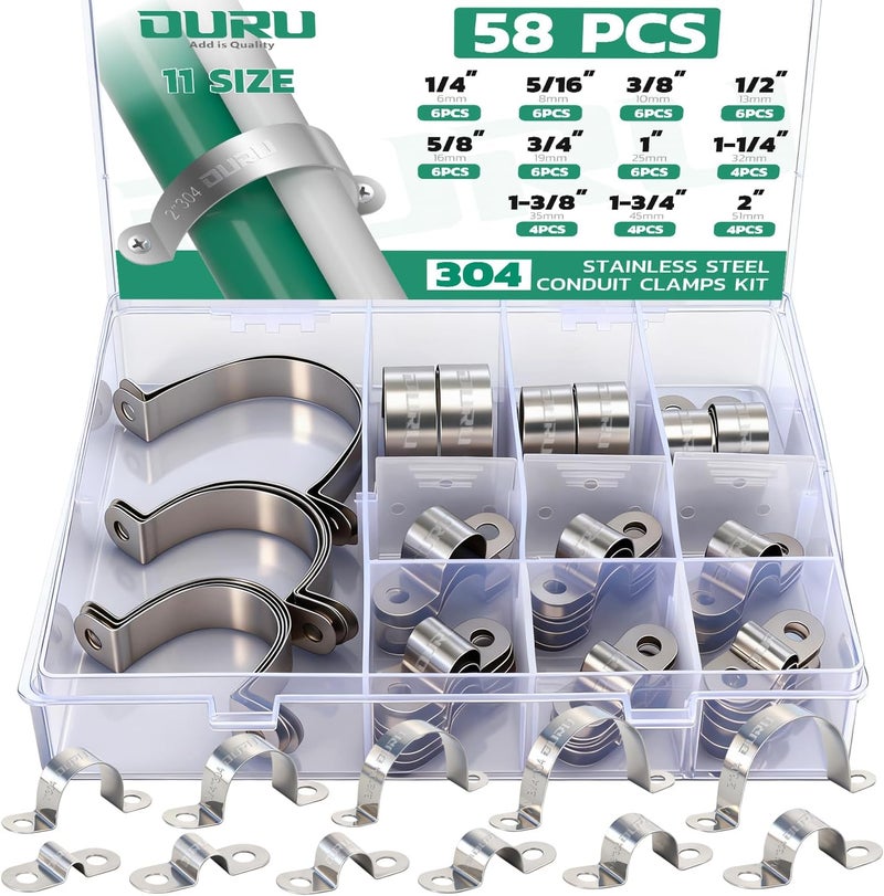 ORU 58pcs Conduit Clamp Assortment Kit 304 Stainless Steel, 11 Sizes (1/4"-2") Rigid Metal Pipe Clamp U Bracket, 2 Holes Pipe Strap for Automotive, Wire & Tube - Image 1